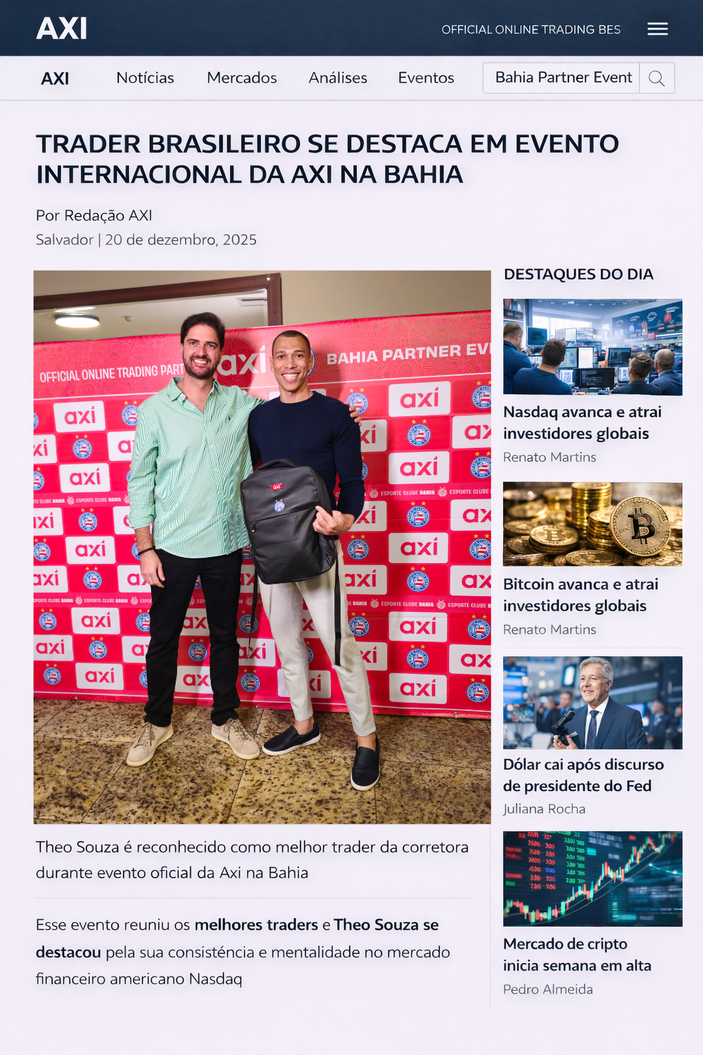 Matéria sobre Theo Souza em evento internacional da Axi
